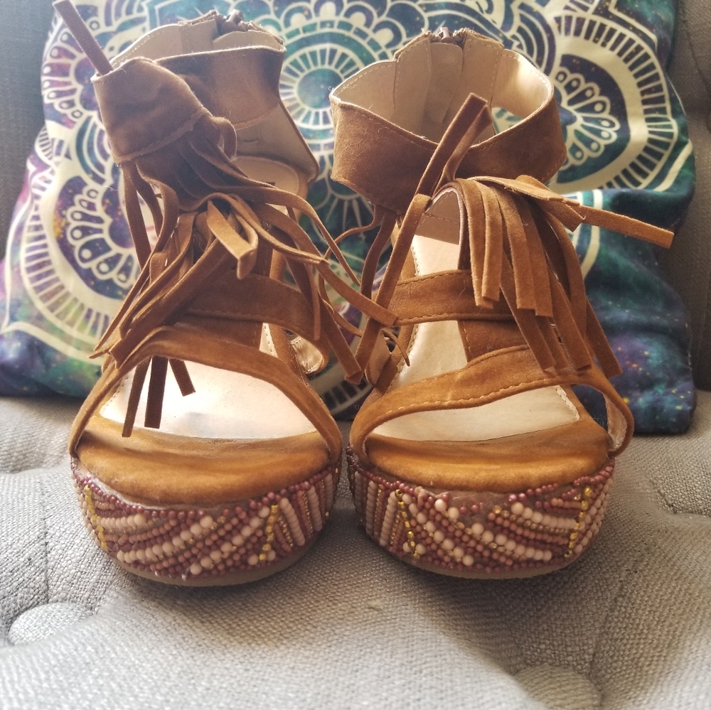 Boho wedges with fringe and beads